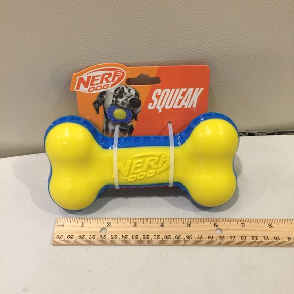 NERF DOG Squeaker Yellow Blue 6 1/2" Bone Dog Fetch Toy - Picture 3 of 3